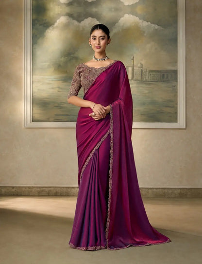 Wine Satin Embroidery Border Saree