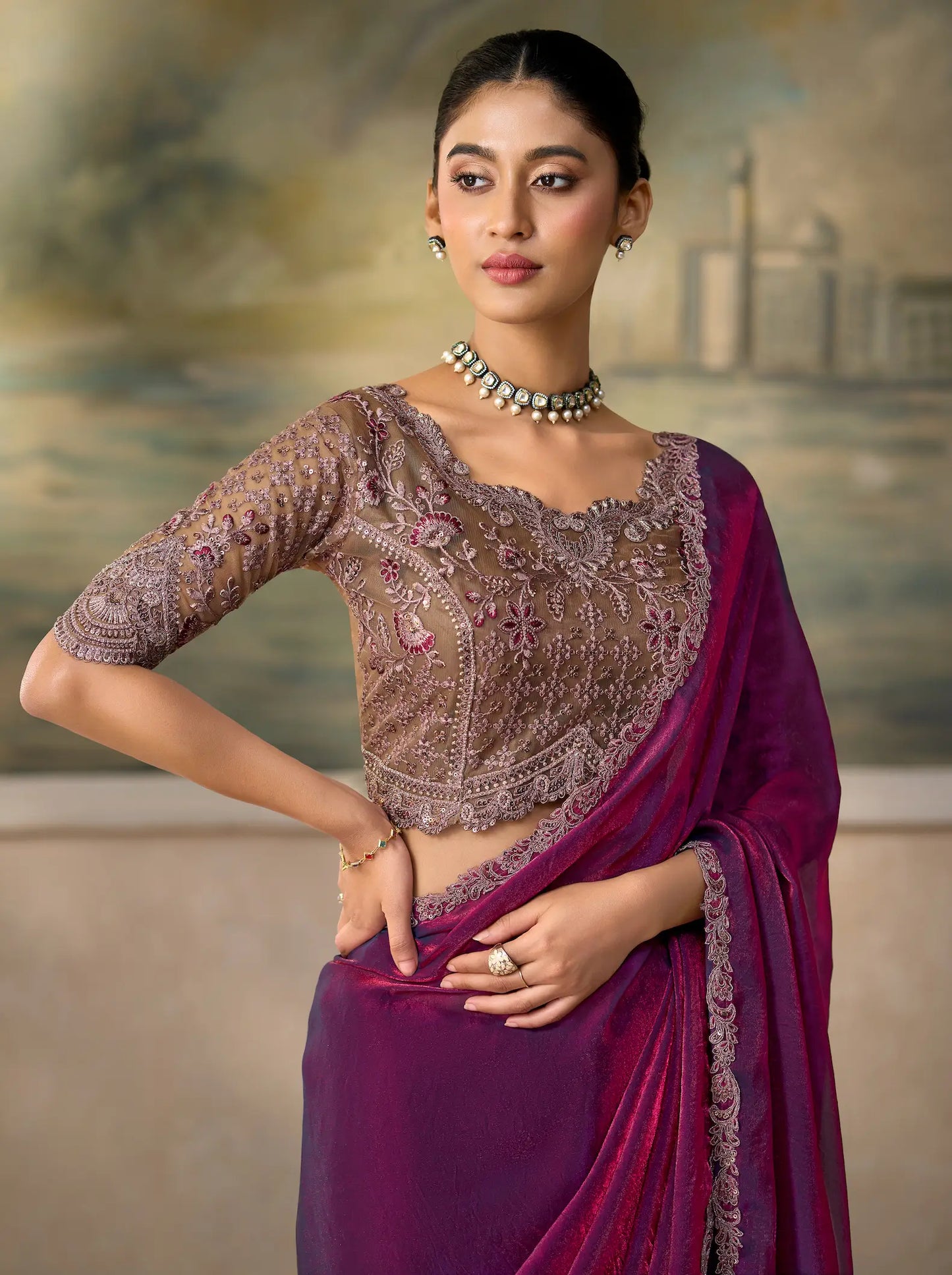 Wine Satin Embroidery Border Saree