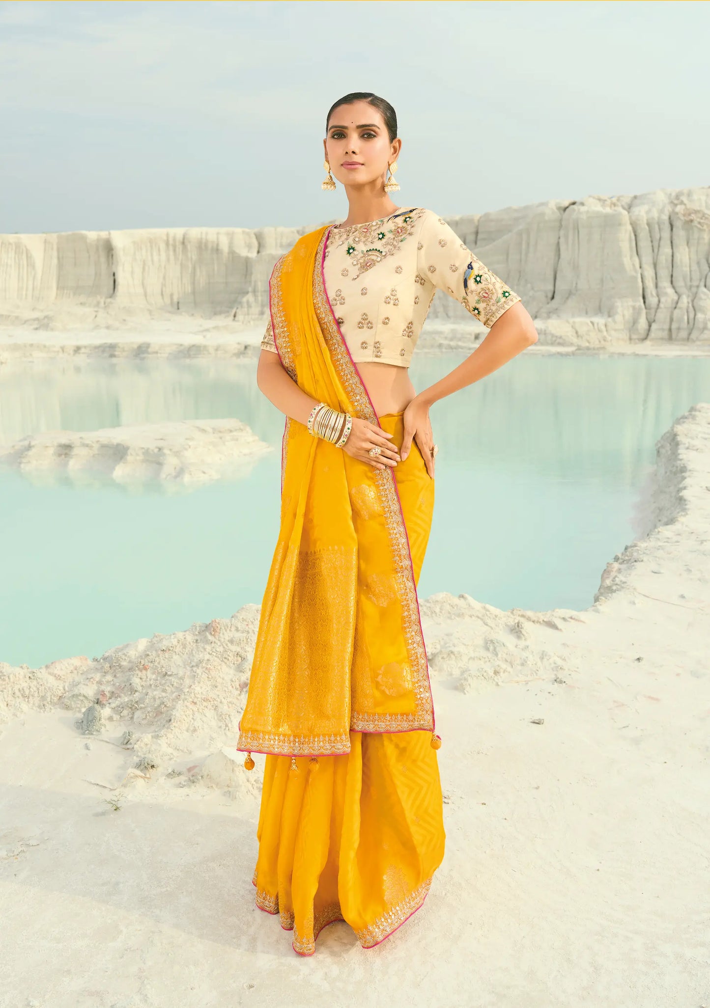 Golden Yellow Organza Satin Heavy Embroidery Saree