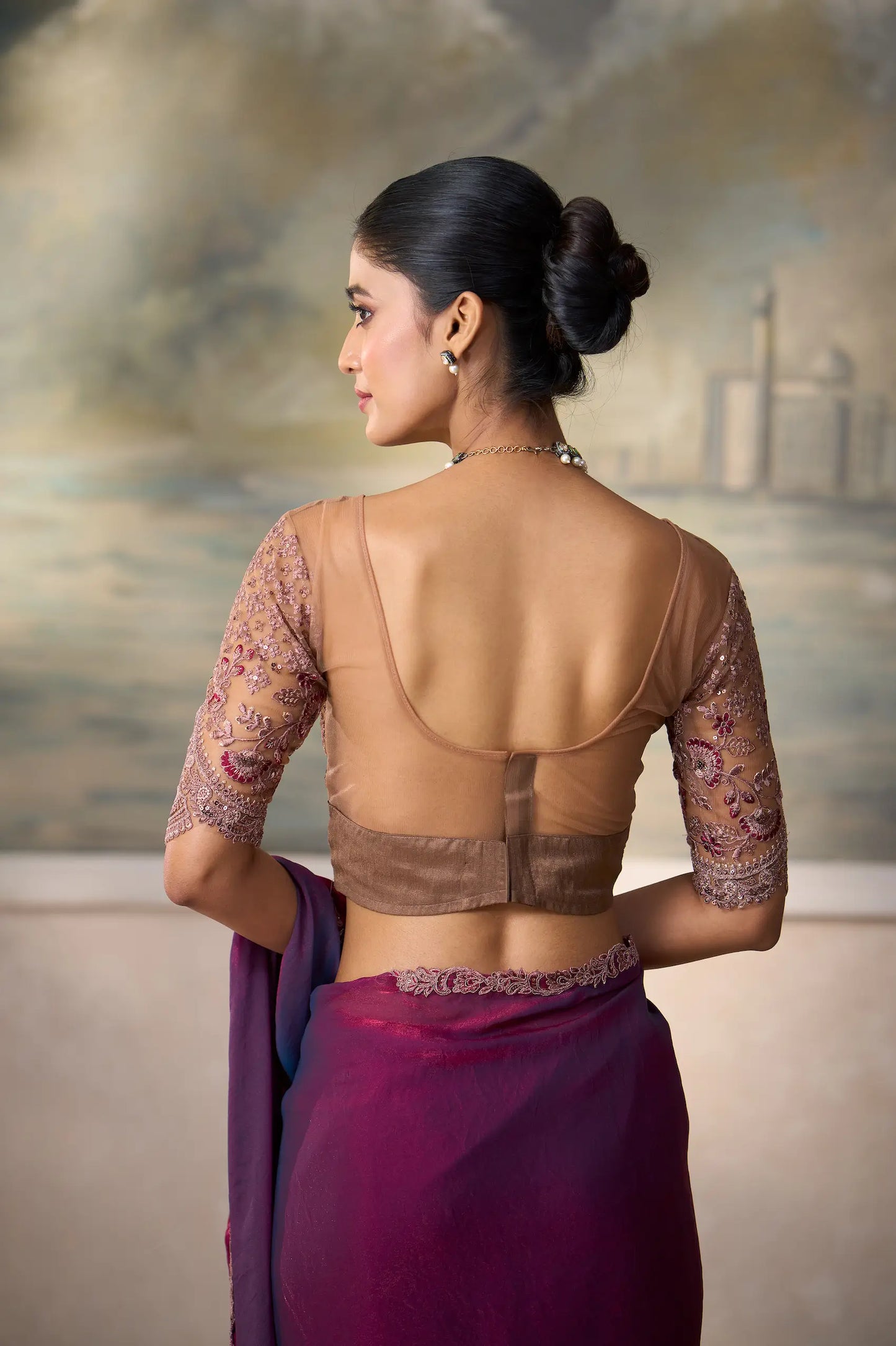 Wine Satin Embroidery Border Saree