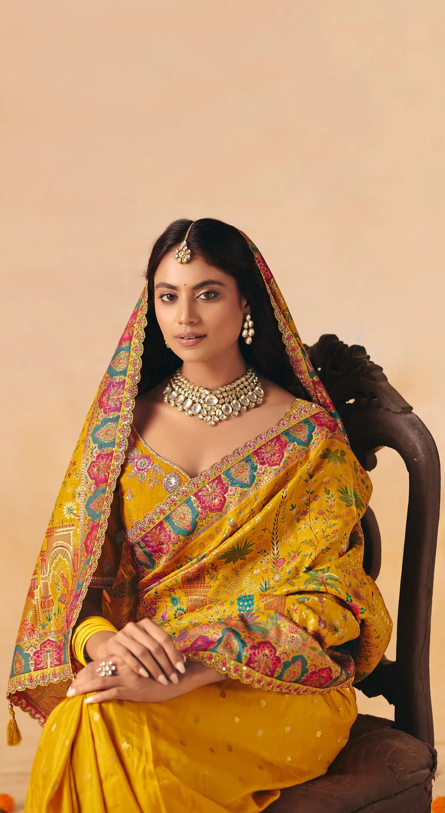 Turmeric Yellow Dola Silk Zari & Embroidery Saree