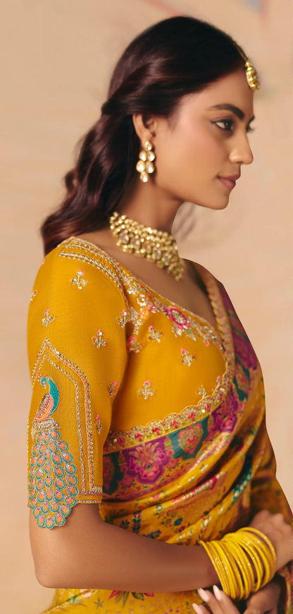 Turmeric Yellow Dola Silk Zari & Embroidery Saree