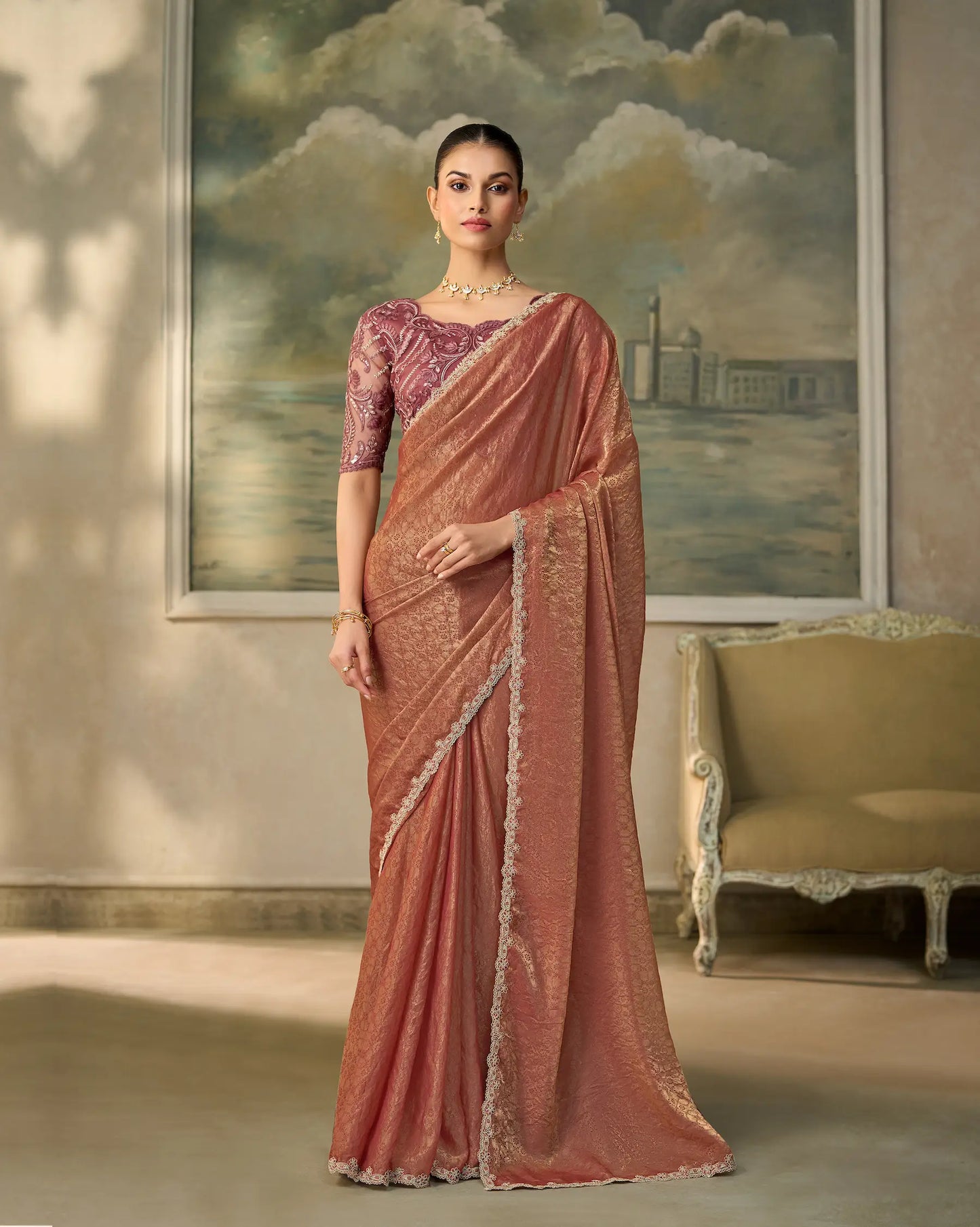 Rust Gold Georgette Embroidery Border Saree