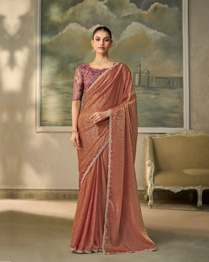 Rust Gold Georgette Embroidery Border Saree