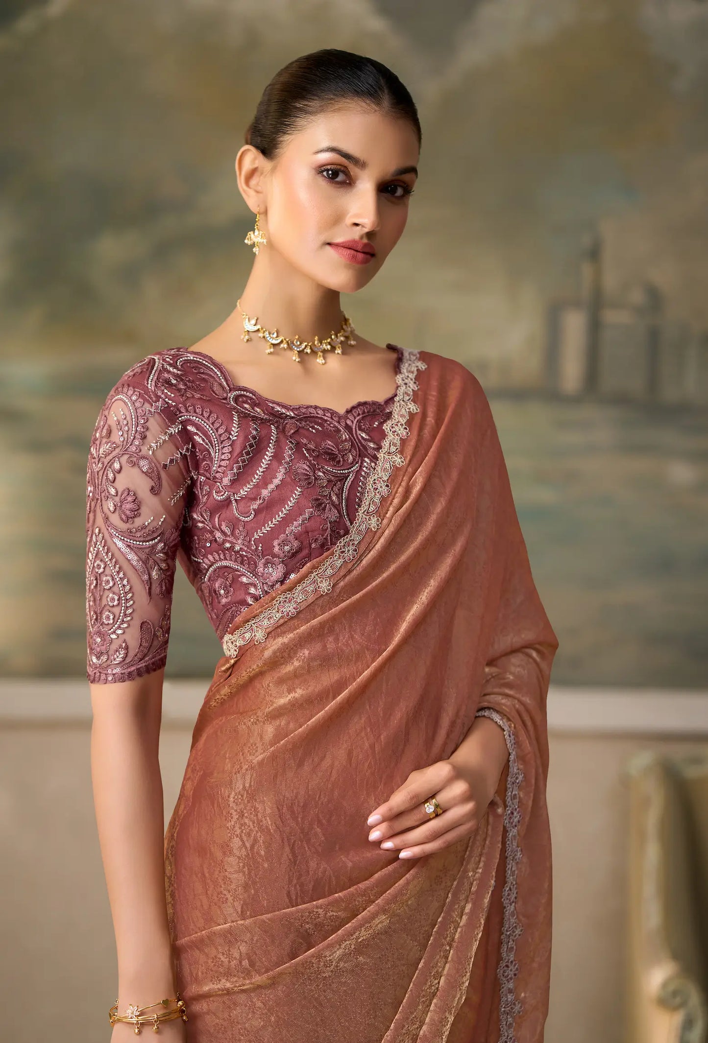 Rust Gold Georgette Embroidery Border Saree