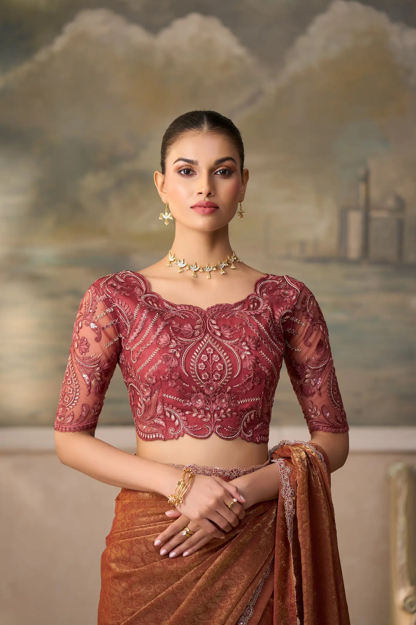 Rust Gold Georgette Embroidery Border Saree