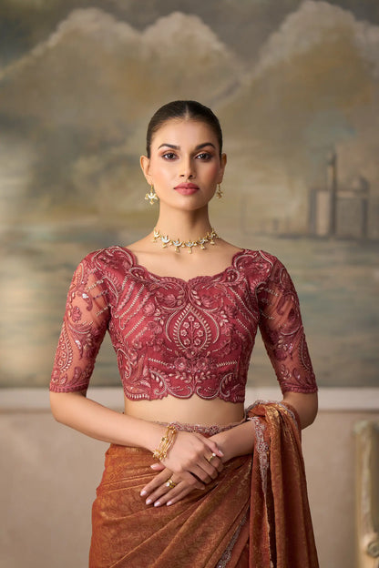 Rust Gold Georgette Embroidery Border Saree