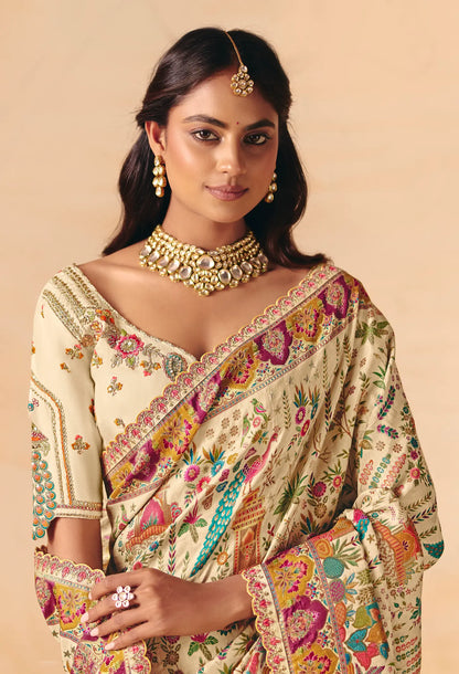 Ivory White Dola Silk Zari & Embroidery Saree