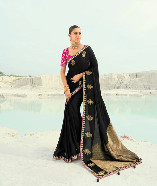 Rich Black Organza Satin Heavy Embroidery Saree