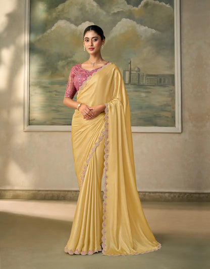 Pastel Yellow Chiffon Embroidery Border Saree