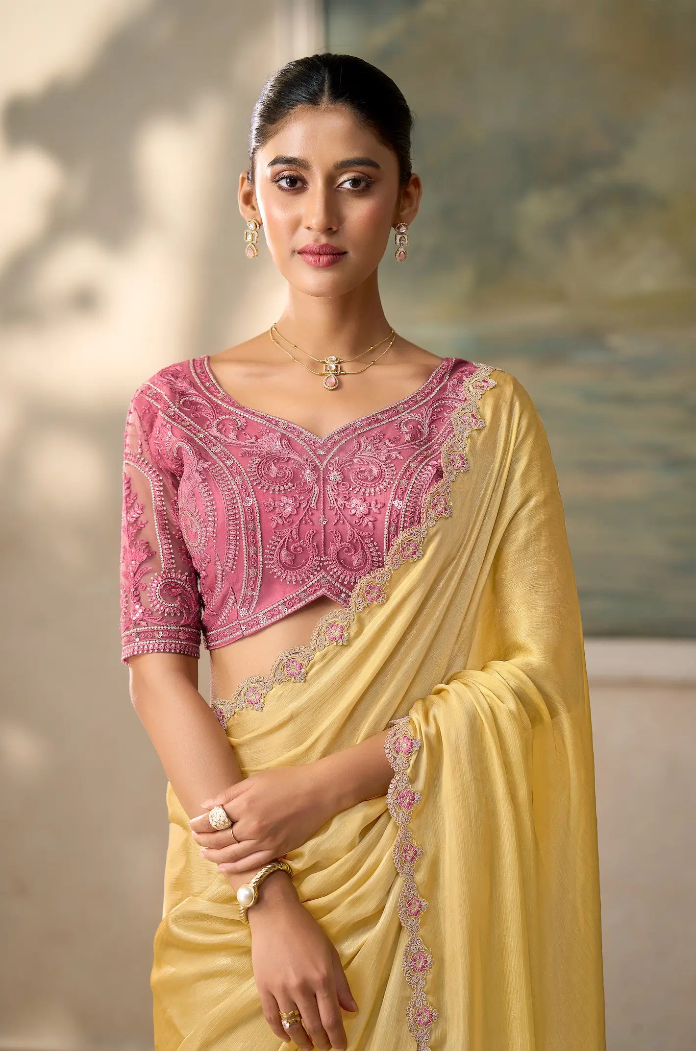 Pastel Yellow Chiffon Embroidery Border Saree