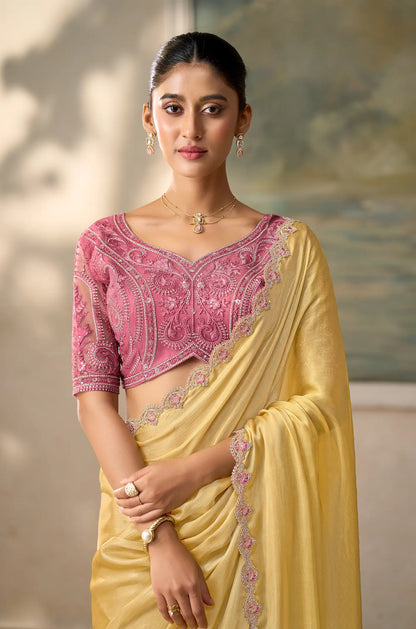 Pastel Yellow Chiffon Embroidery Border Saree