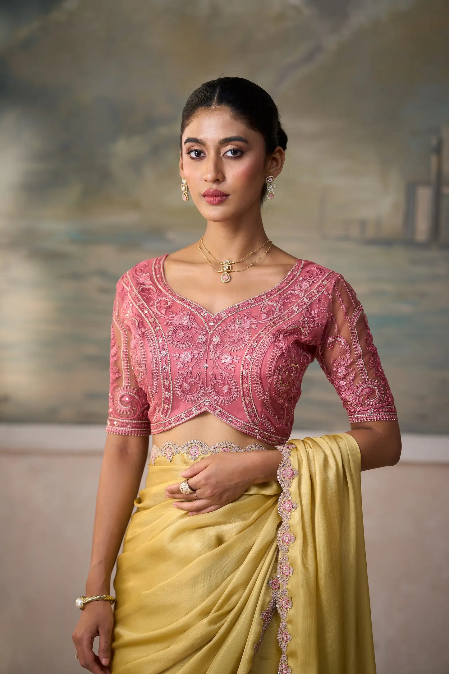 Pastel Yellow Chiffon Embroidery Border Saree