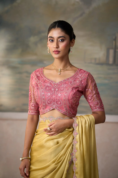 Pastel Yellow Chiffon Embroidery Border Saree