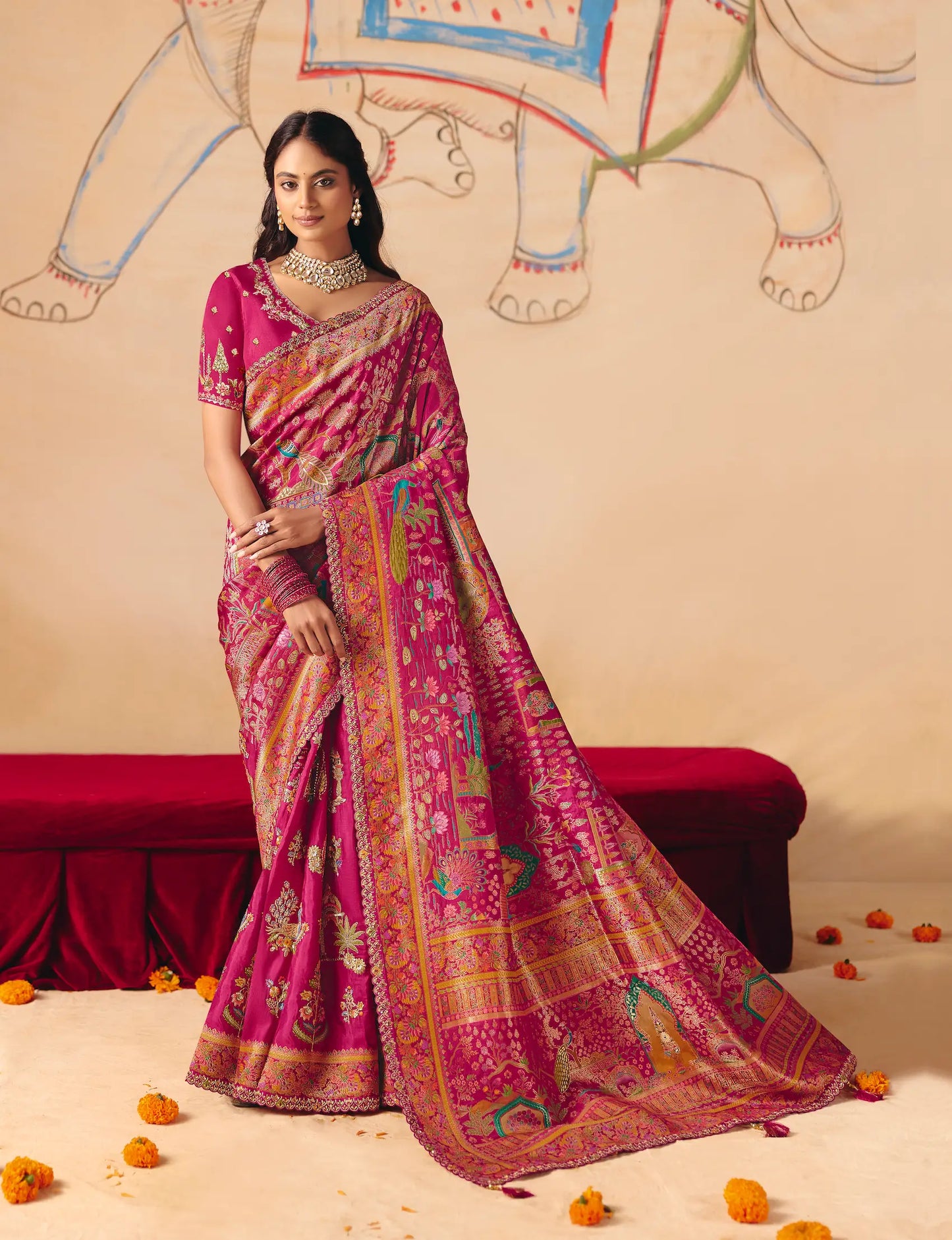 Ruby Pink Dola Silk Zari & Embroidery Saree