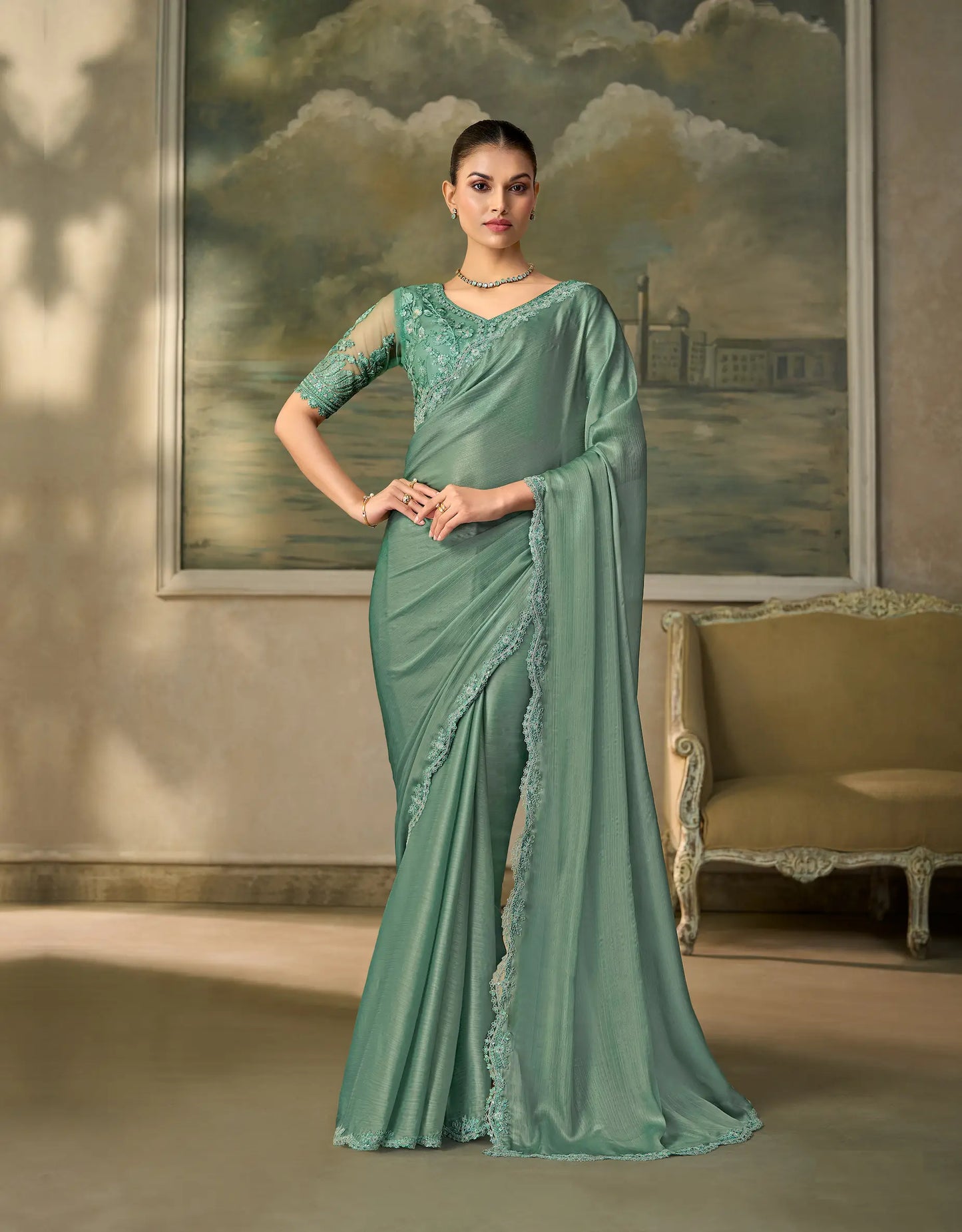 Sea Green Chiffon Embroidery Border Saree