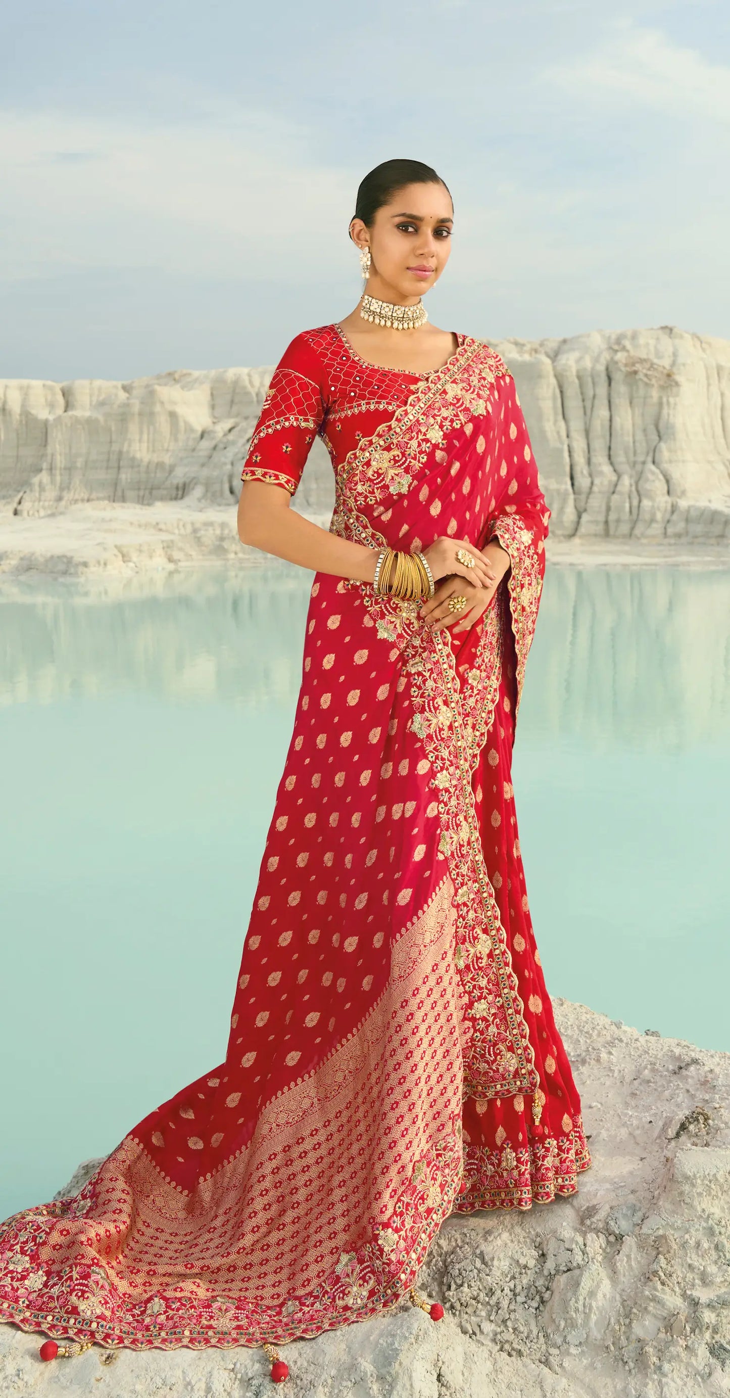 Hot Red Dola Silk Heavy Embroidery Saree