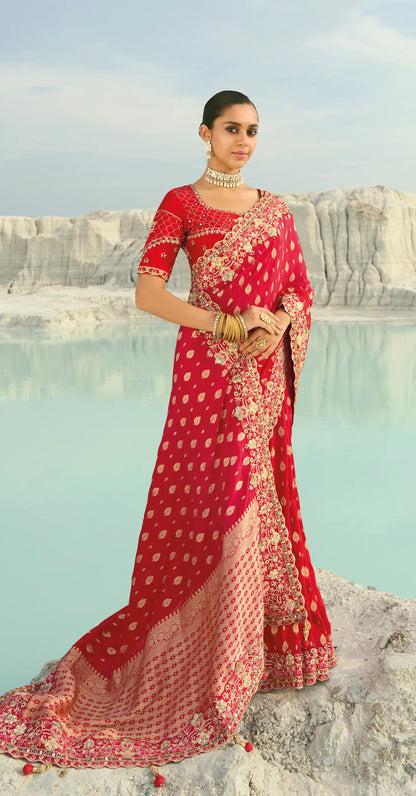 Hot Red Dola Silk Heavy Embroidery Saree