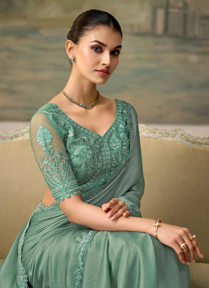 Sea Green Chiffon Embroidery Border Saree