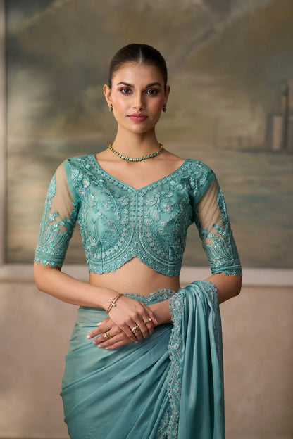 Sea Green Chiffon Embroidery Border Saree