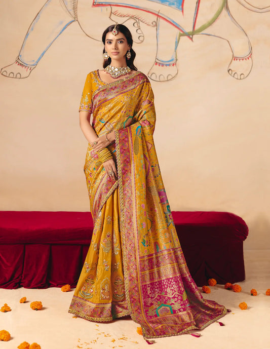 Honey Mustard Dola Silk Zari & Embroidery Saree