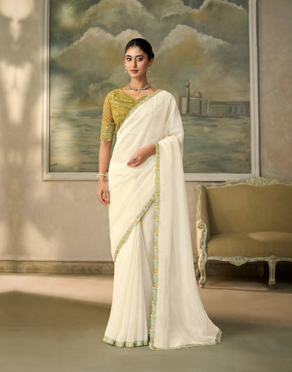 Pearl White Chiffon Embroidery Border Saree
