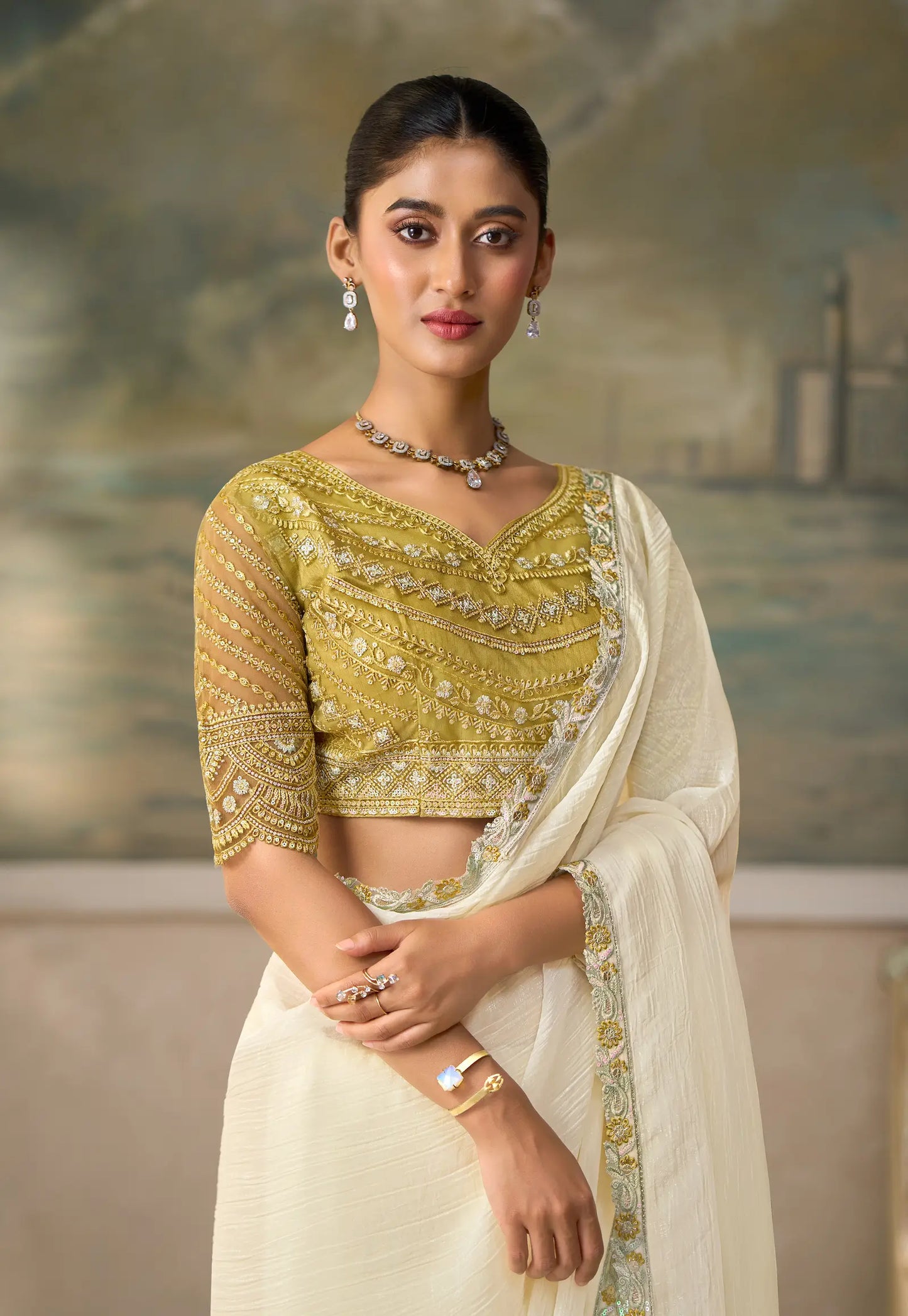 Pearl White Chiffon Embroidery Border Saree