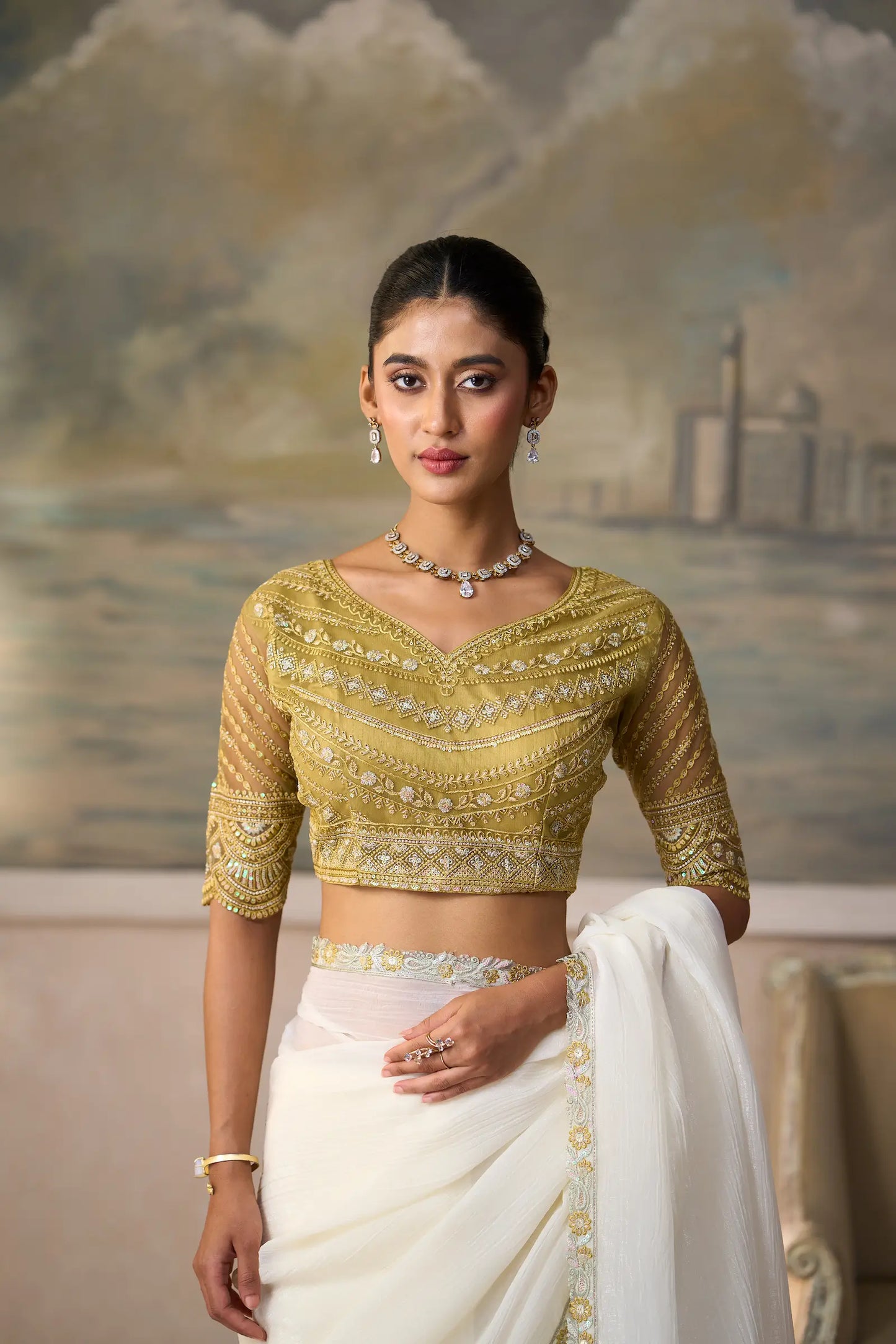 Pearl White Chiffon Embroidery Border Saree