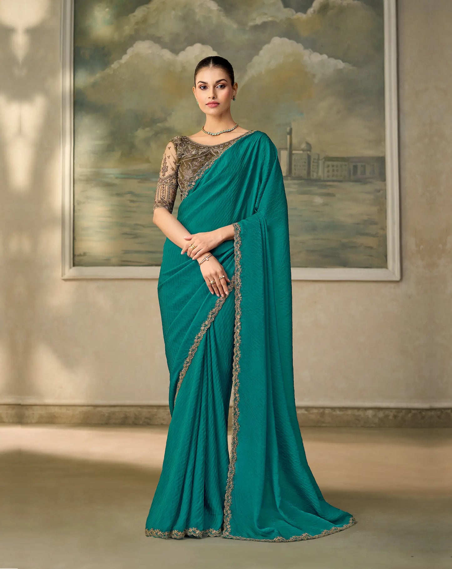 Dark Teal Georgette Embroidery Border Saree