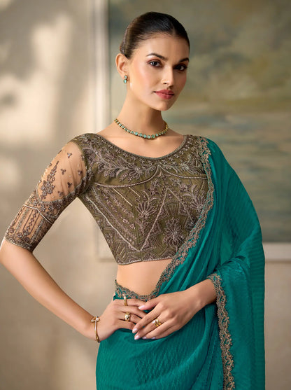 Dark Teal Georgette Embroidery Border Saree