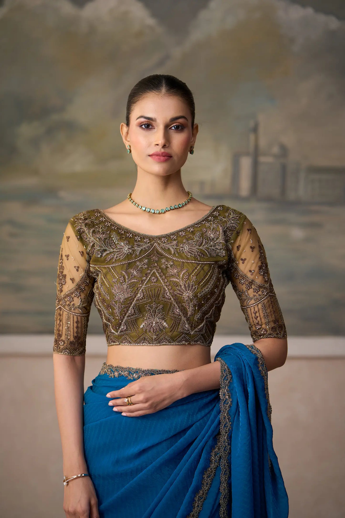 Dark Teal Georgette Embroidery Border Saree