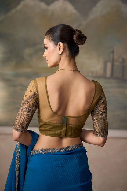 Dark Teal Georgette Embroidery Border Saree