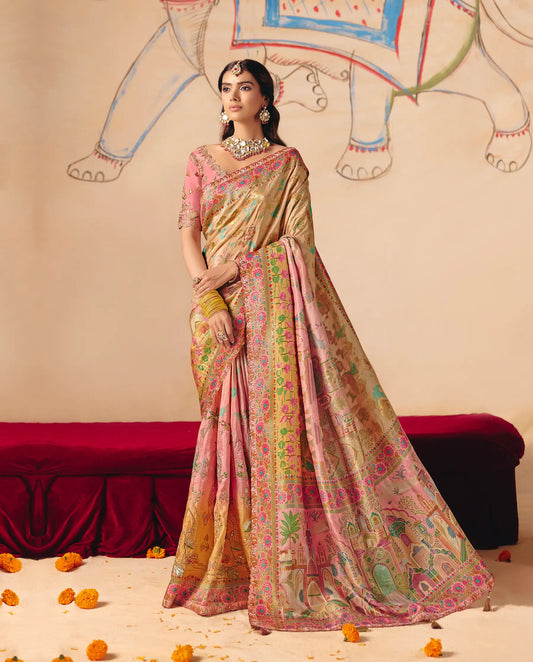 Salmon Pink Dola Silk Zari & Embroidery Saree