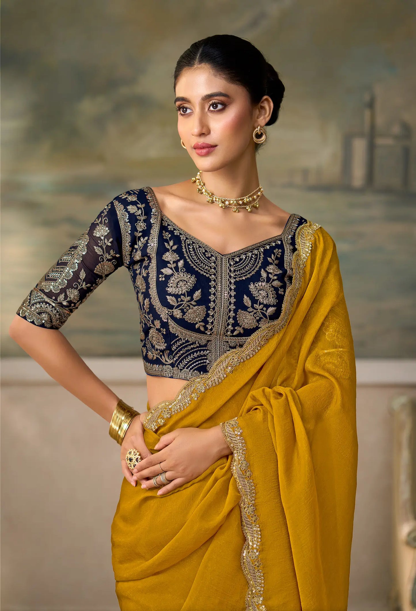 Mustard Georgette Embroidery Border Saree