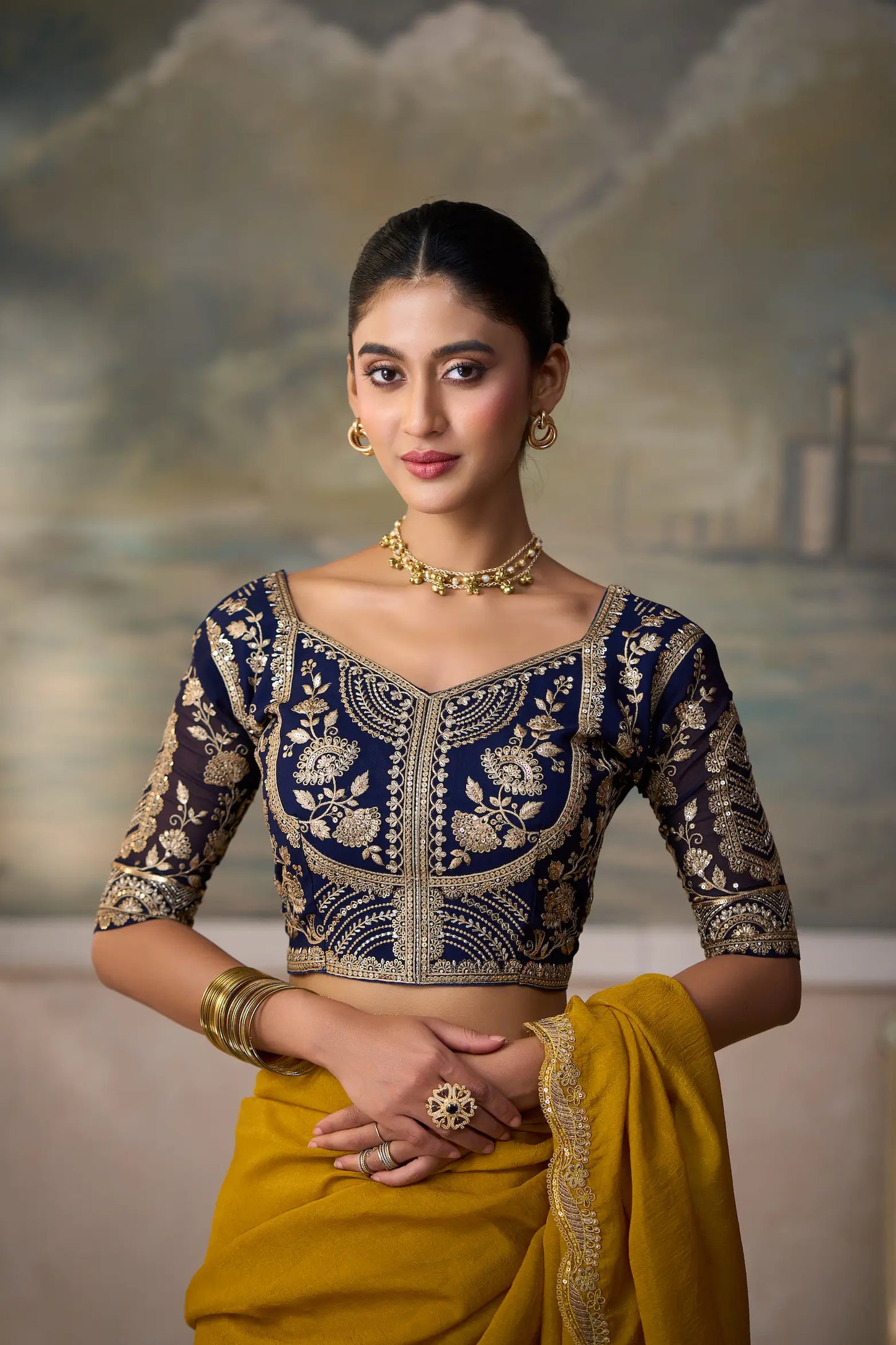 Mustard Georgette Embroidery Border Saree
