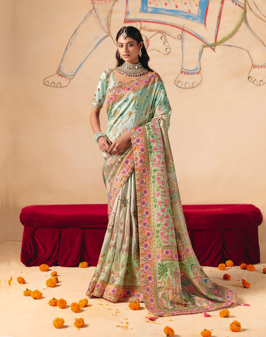 Aqua Blue Dola Silk Zari & Embroidery Saree