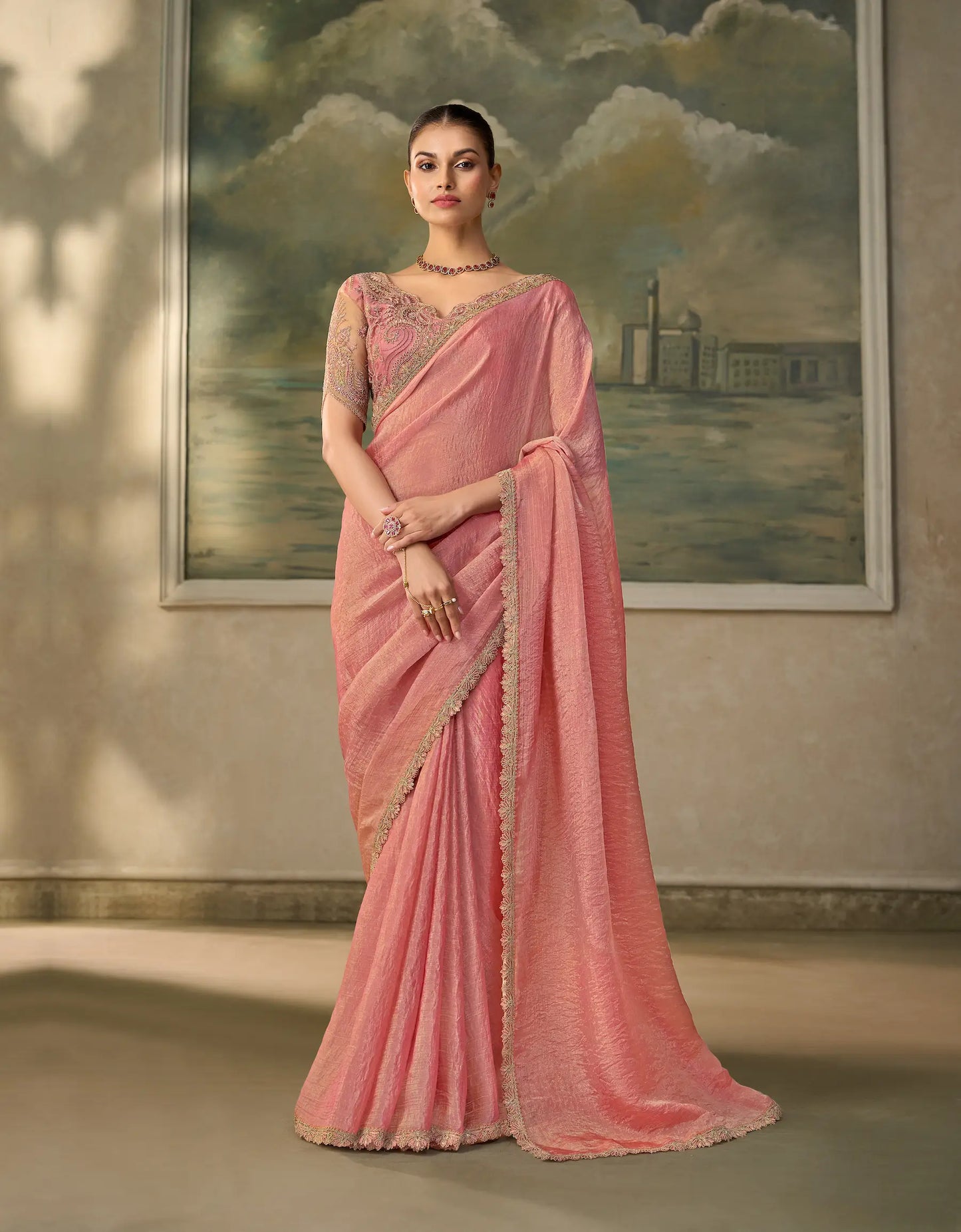 Peach Pink Tissue Embroidery Border Saree