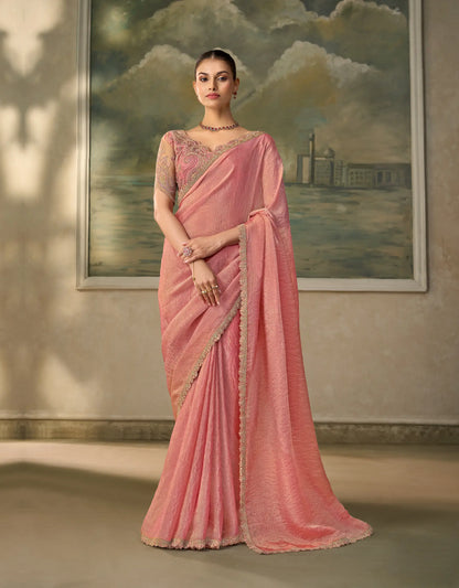 Peach Pink Tissue Embroidery Border Saree