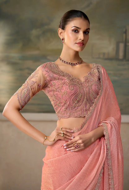 Peach Pink Tissue Embroidery Border Saree
