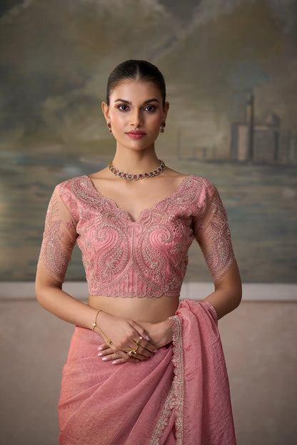 Peach Pink Tissue Embroidery Border Saree