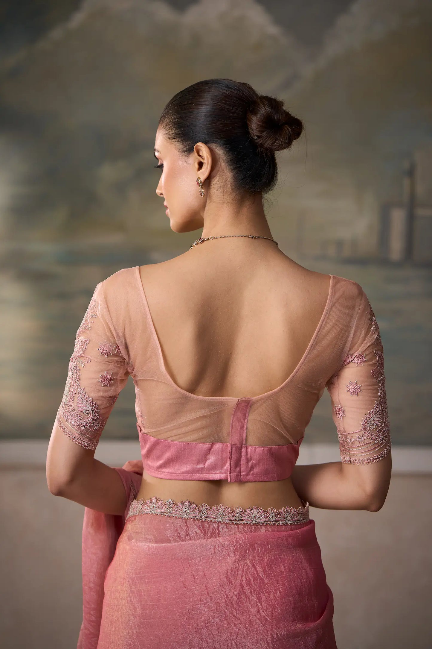 Peach Pink Tissue Embroidery Border Saree