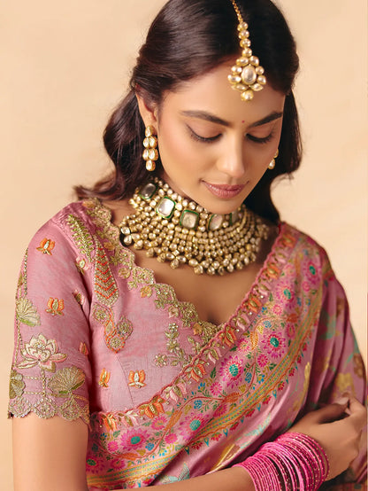 Rosy Pink Dola Silk Zari & Embroidery Saree