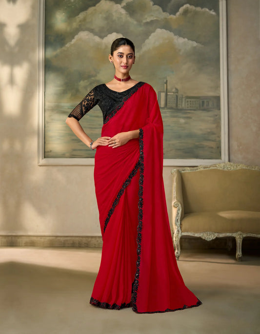 Bright Red Chiffon Embroidery Border Saree