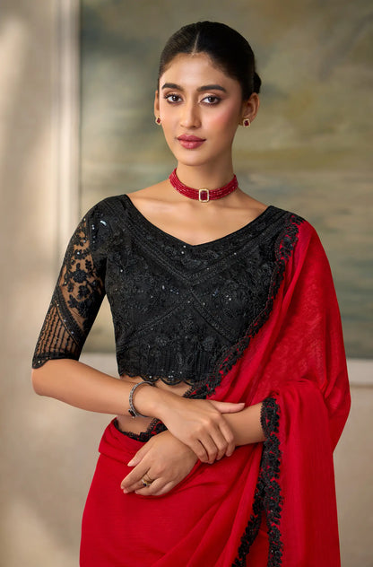 Bright Red Chiffon Embroidery Border Saree