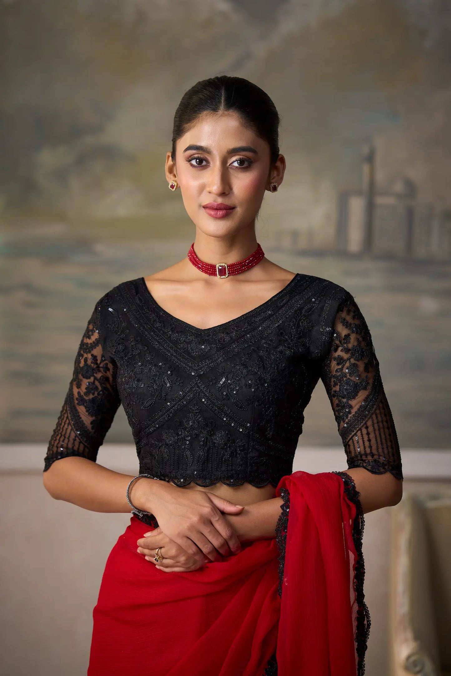 Bright Red Chiffon Embroidery Border Saree