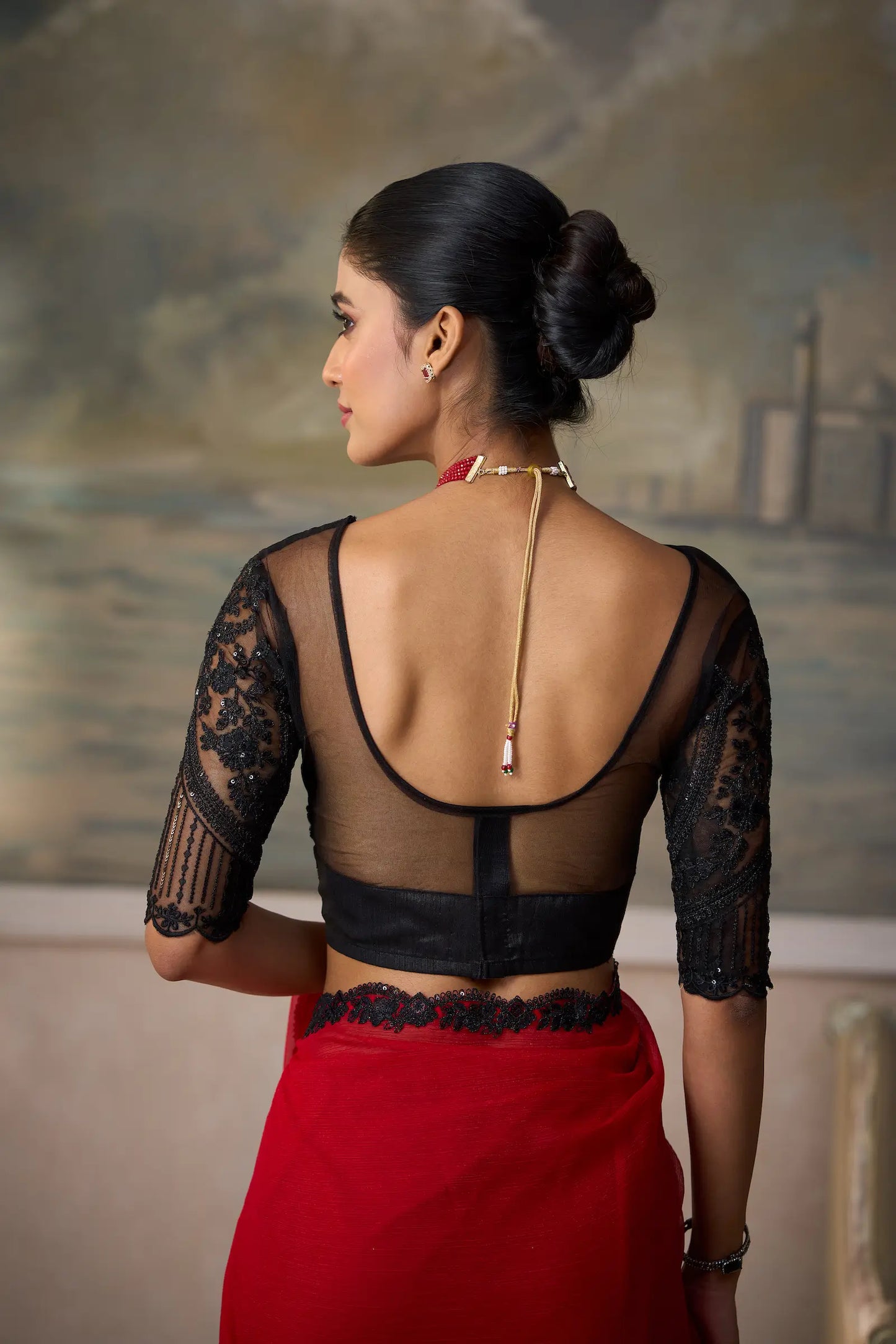 Bright Red Chiffon Embroidery Border Saree
