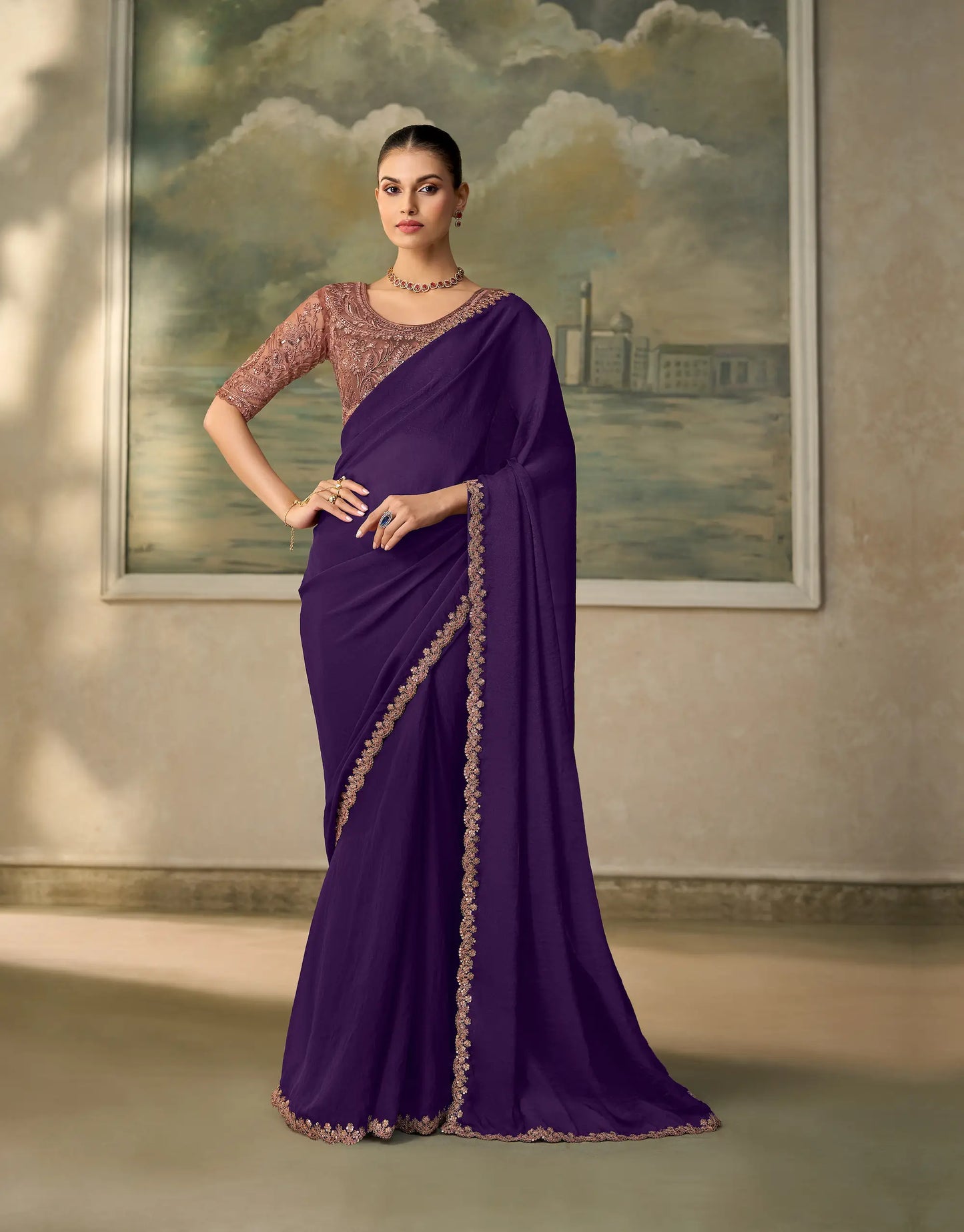Mulberry Georgette Embroidery Border Saree