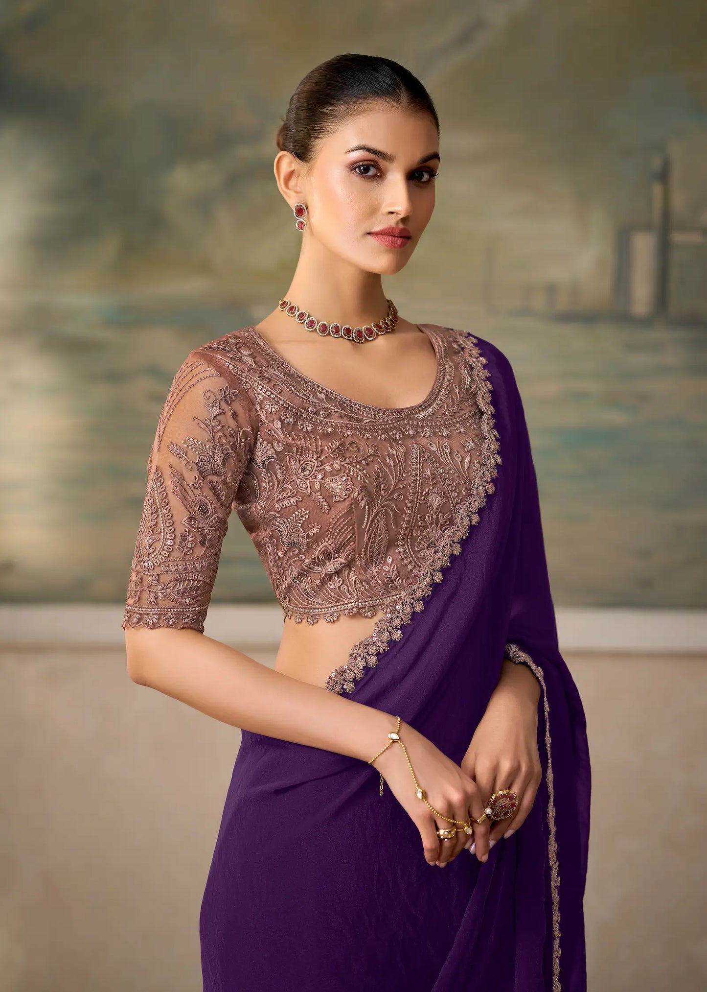 Mulberry Georgette Embroidery Border Saree