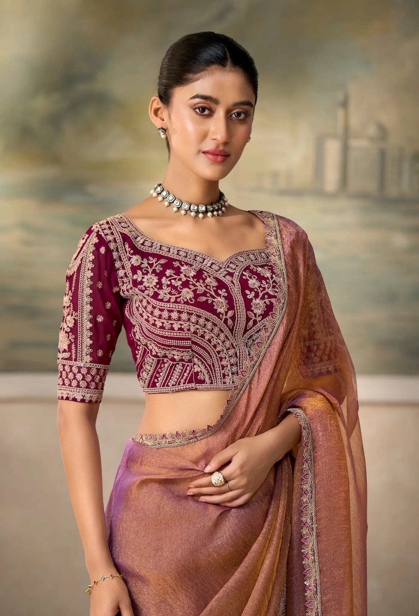 Rose Gold Tissue Embroidery Border Saree