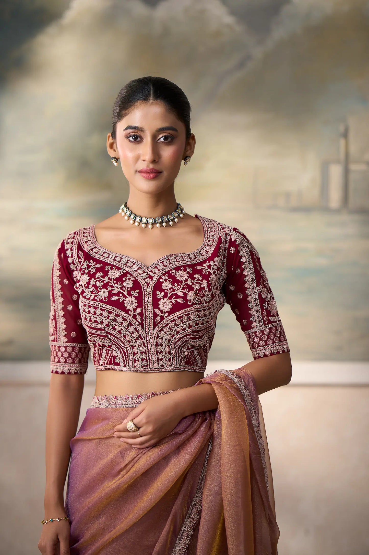 Rose Gold Tissue Embroidery Border Saree